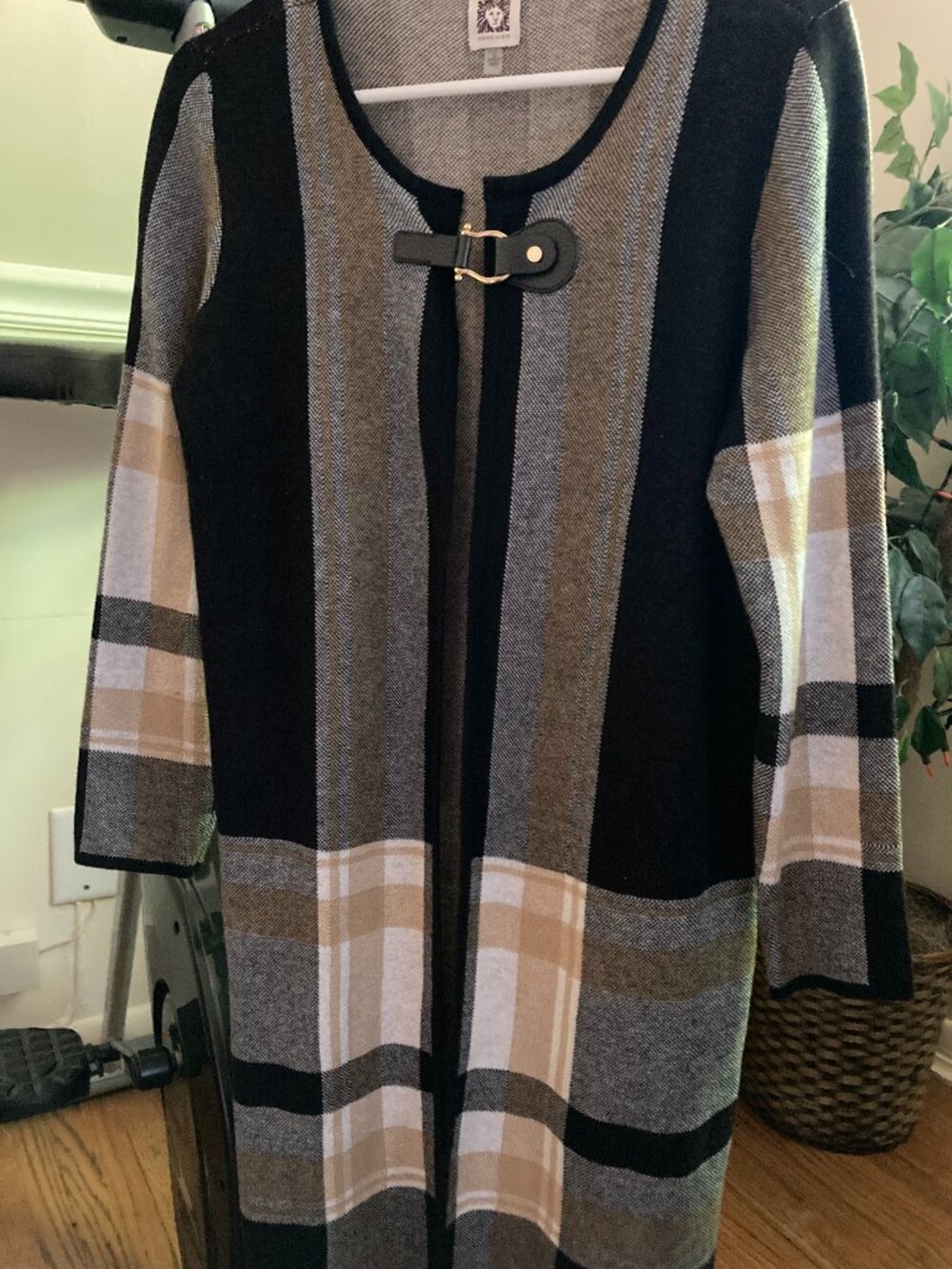 Anne Klein Women Size S Long Open Cardigan Faux Leather Snap Camel Plaid New